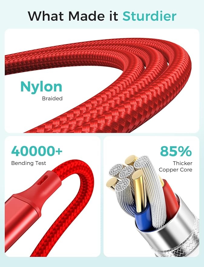 Travel Essentials Multi Charging Cable for Watch Charger 4 in 1 Fast Charger Camping Essentials USB C/L/Micro Compatible with Watch Series 10-1/SE/Ultra Phone 16 15/Galaxy Android-4FT/Red