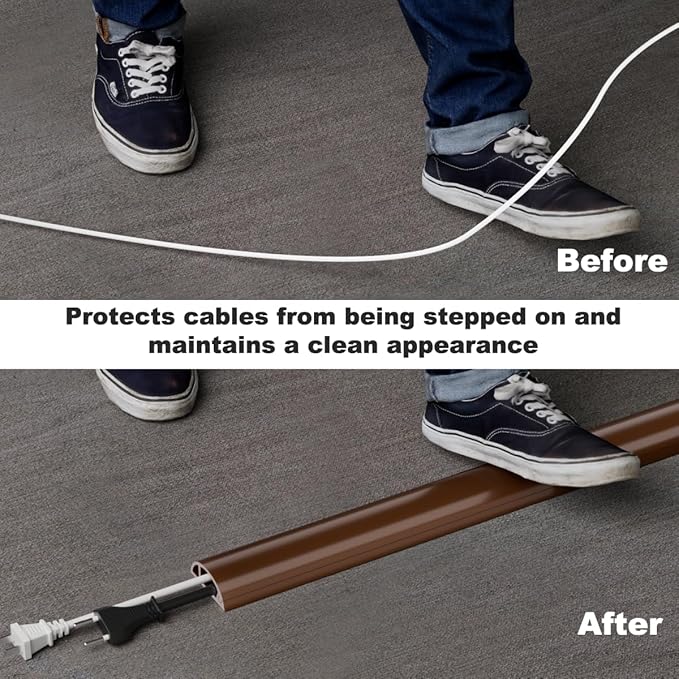 10FT Side-Open Extension Cord Covers for Wires on Floor,Silicone Power Cable Protector Cord Hider Management Strip,Hide Electric Wire on Carpet,Chord Runner Protective Safety Wiremold,Brown
