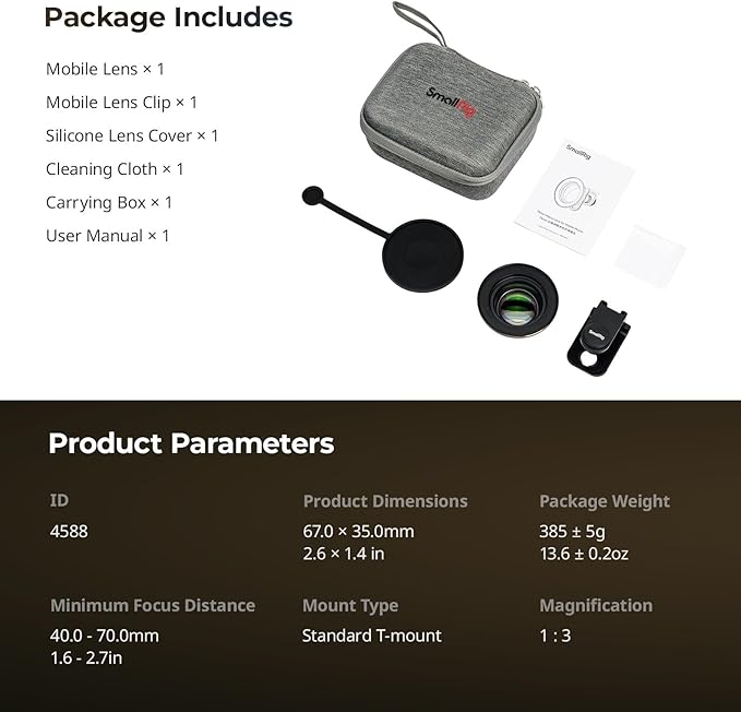 SMALLRIG 75mm HD Master Macro Lens, T-Mount Lens for iPhone, for Samsung, for Huawei, for Xiaomi, Macro Photography Phone Camera Lens Attachment - 4588