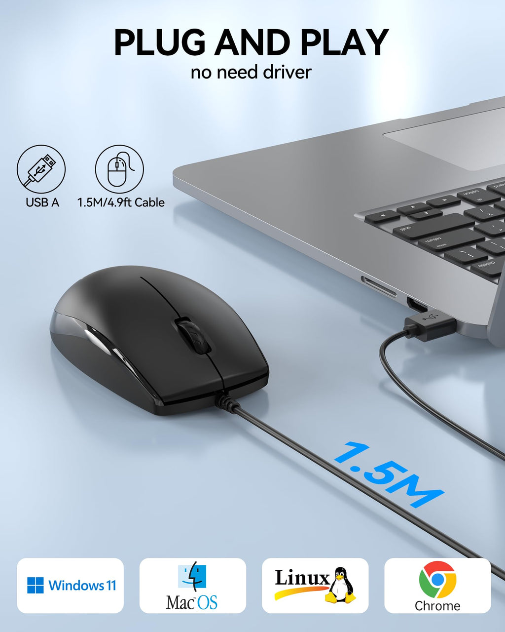TECKNET USB-A Wired Mouse for Laptop Computer with 2-Button,Home and Office 5FT Corded Mouse, 1600DPI Ergo-Optic Shape PC Mouse Wired for Chromebook,PC,Desktop,Notebook-Black