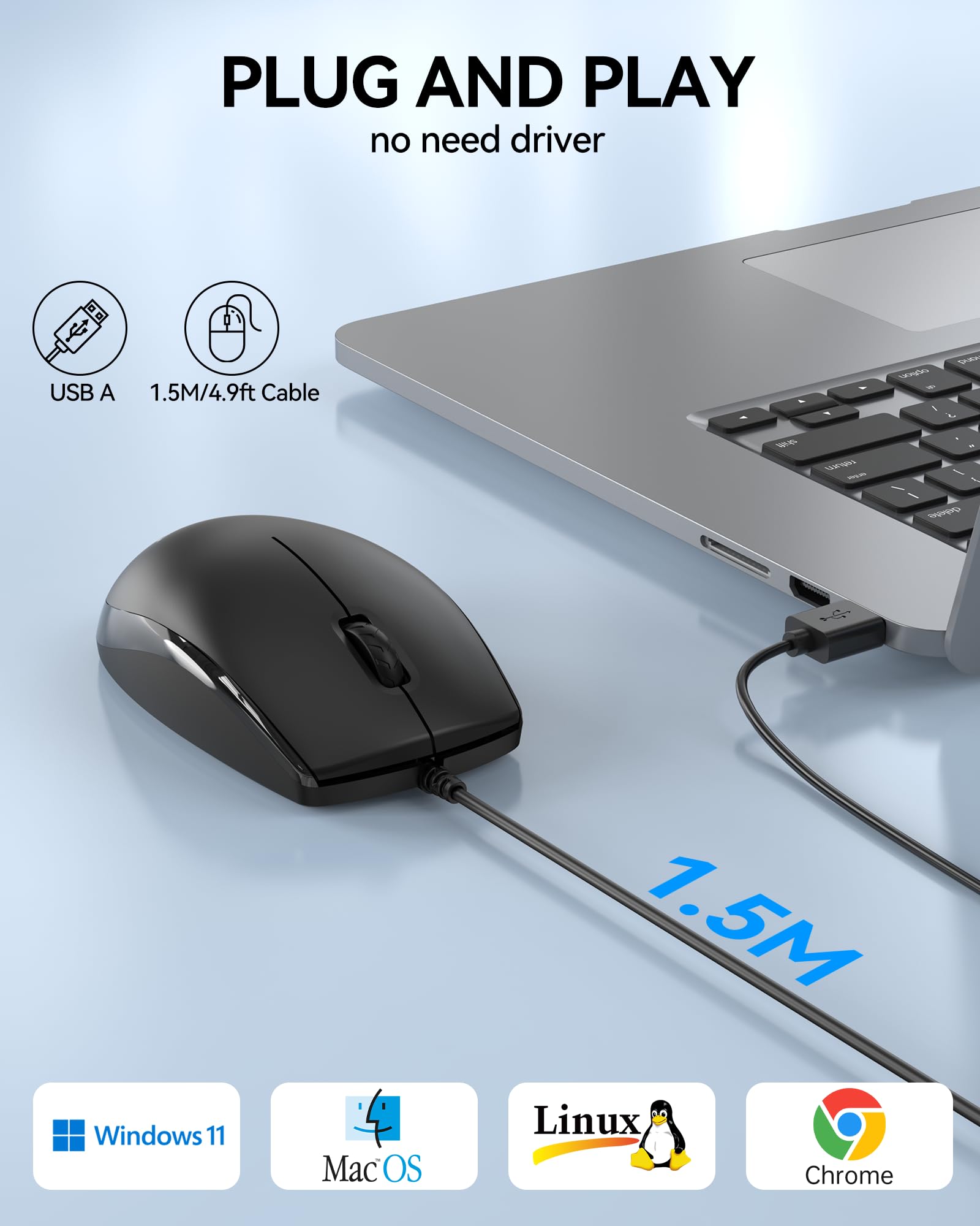TECKNET USB-A Wired Mouse for Laptop Computer with 2-Button,Home and Office 5FT Corded Mouse, 1600DPI Ergo-Optic Shape PC Mouse Wired for Chromebook,PC,Desktop,Notebook-Black
