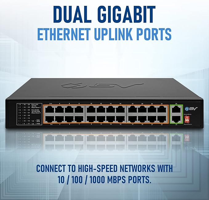 BV-Tech 24 Port PoE+ Switch with 2 Gigabit Ethernet or SFP Uplink, Long Range | POE-SW2402