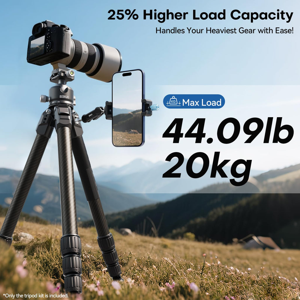 SIRUI 50.4"/128cm Carbon Fiber Travel Tripod Kit, Max Load 44lb/20kg