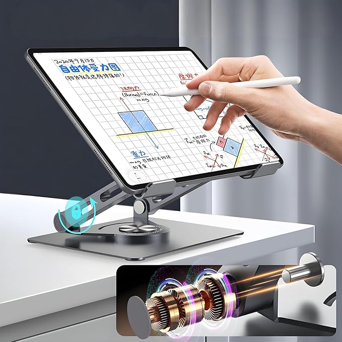 GuaziV 360° Rotating Tablet Stand - Adjustable iPad Tablet Holder for Desk, Foldable iPad Swivel Stand for Home & Office (Argent Silver)