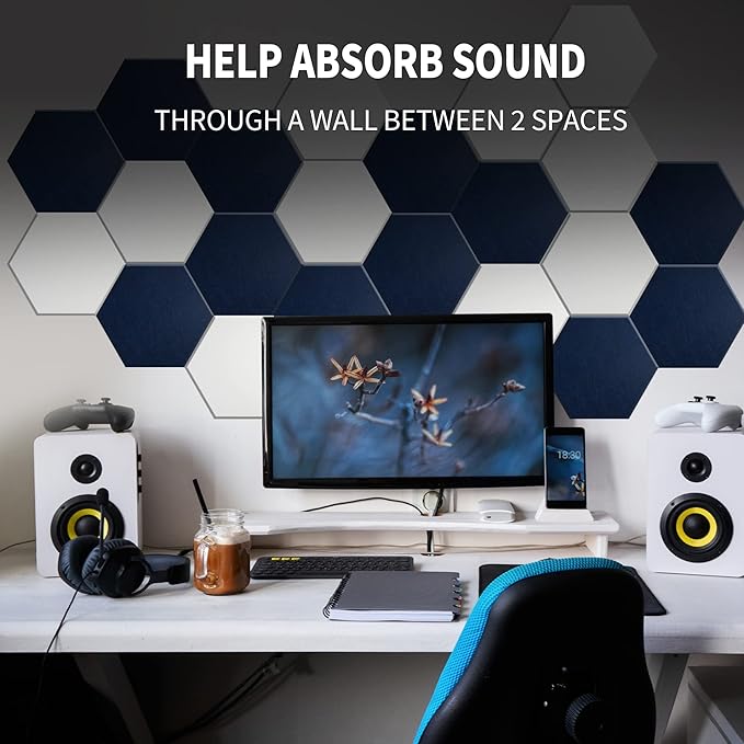 Mollywell Hexagon Acoustic Panels, High Density, Soundproofing, Decorative Noise Reduction Felt Wall Tiles for Ceilings, Home Office & Gaming Room (Deep Blue), 14x12x0.4 Inch