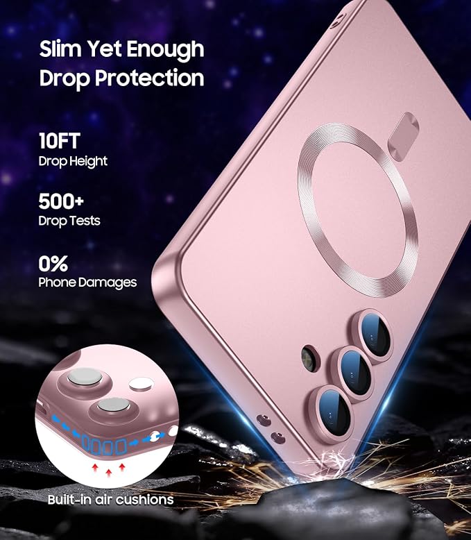 Magnetic for Samsung Galaxy S25 Case [Compatible with MagSafe][Built-in Camera Lens Protector] Slim Soft Silicone Bumper Shockproof Metallic Luster Phone Case (Rose Gold)