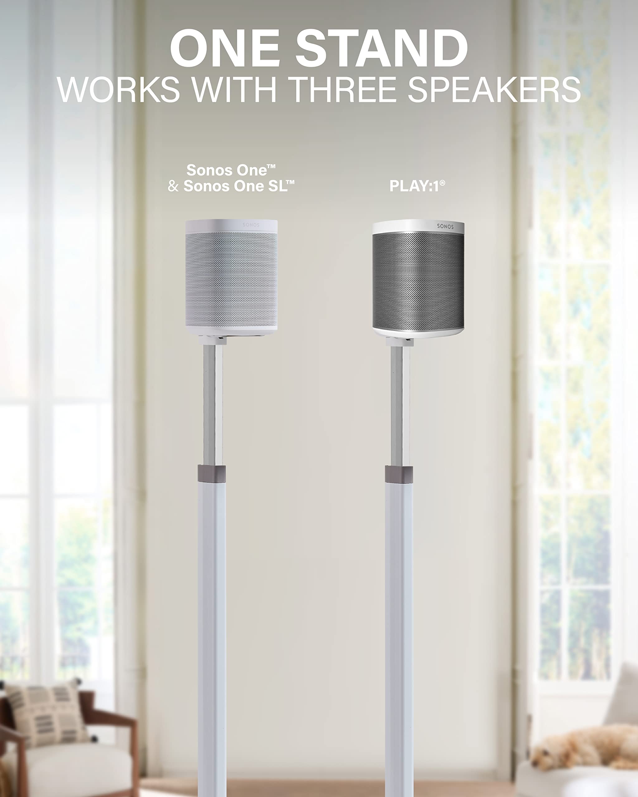 SANUS Adjustable Height Wireless Speaker Stands Designed for Sonos One, One SL, and Play:1 - Tool-Free Adjustment up to 16" and Built-in Cable Management (White)