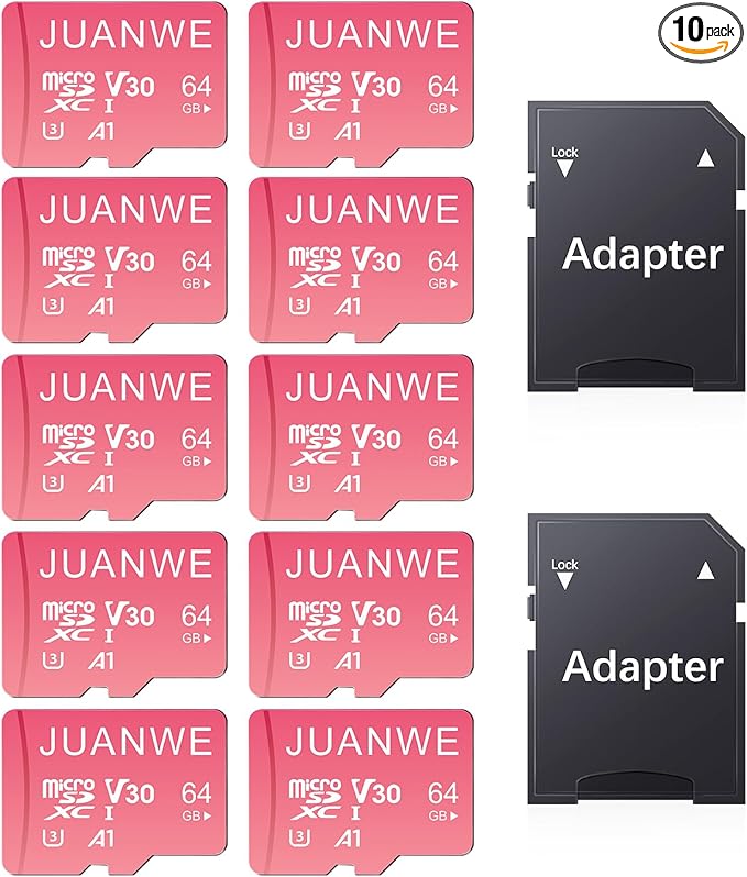 JUANWE 10 Pack 64GB Micro SD Card 64 GB Memory Card MicroSDXC SD Card 64GB TF Cards UHS-I A1 U3 V30 for 4K Video Recording (10 Pack, Pink)