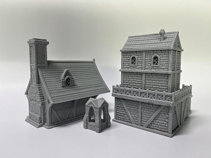 Medieval Miniature Building Terrain Set Compatible with Tabletop RPG War Games, Dioramas Building Set, Paintable, Gift for Tabletop Hobby Enthusiasts by HAUTICO (18mm Scale)