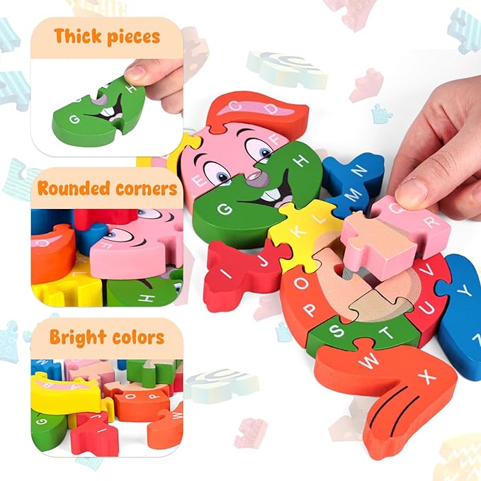 LovesTown Rooster Wooden Puzzles for Toddlers, Montessori ABC Learning Toys for Kids Ages 3-6, 26 Letters, Colorful Educational GIFS