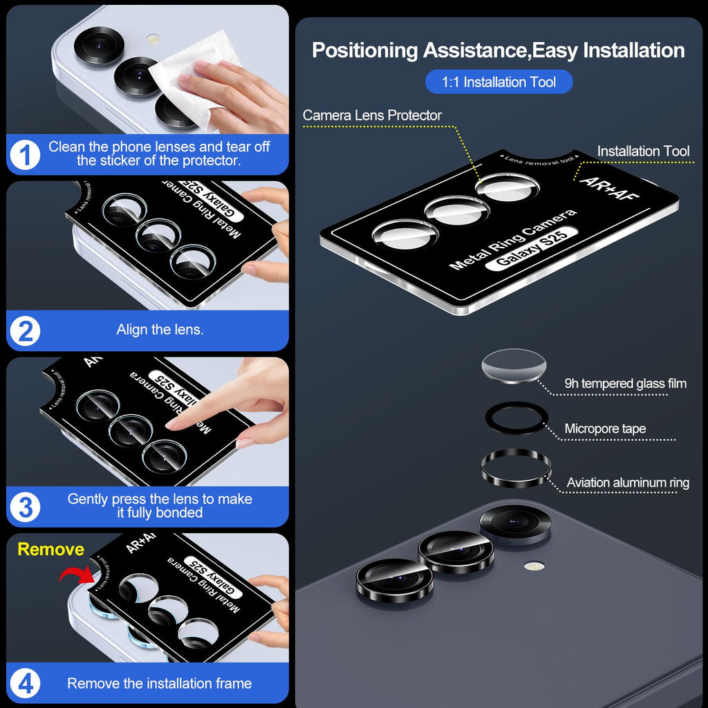 Avocase for Samsung Galaxy S25 Camera Lens Protector, Individual Metal Ring Tempered Glass Lens Cover, [Strong Adsorption] Scratch Resistant Ultra-Thin HD Clear Lens Cover, 1 Set-Black Ring