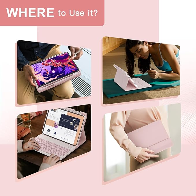 NOKBABO for iPad 11th 10th Generation Case with Keyboard, Magnetic Wireless Detachable Folio case with Pencil Holder, Keyboard for iPad 11th(A16,2025) & ipad 10th Generation(2022) - Light Pink