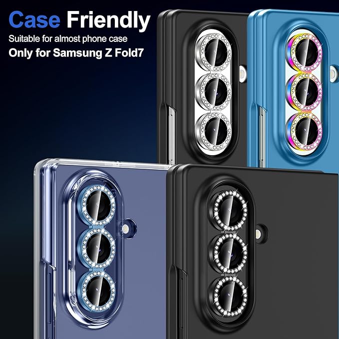 for Samsung Galaxy Z Fold 7 Camera Lens Protector, Individual Metal Ring Tempered Glass Lens Cover, [Strong Adsorption] Scratch Resistant Ultra-Thin HD Clear Lens Cover, 1 Set-Blue Diamond