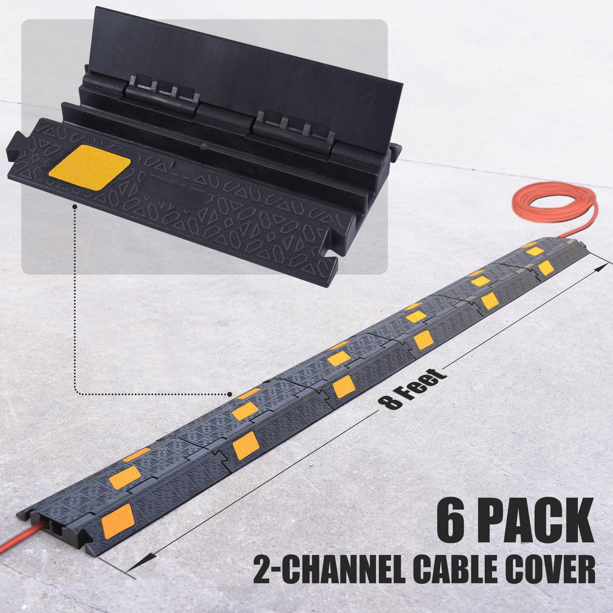 OranLite 6 Pack 2-Channel Rubber Cable Protector Ramp, 17" x 10" x 1.8" inch Interlocking Floor Wire Cord Cable Cover, Visible at Night, Durable Rubber Speed Bump Hump Ramp (2-Channel 6 Pack)