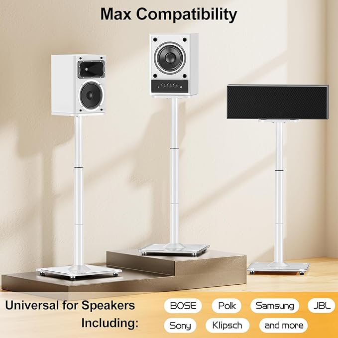 ELIVED Universal Speaker Stands Height Adjustable 28"-37.4", Bookshelf Speaker Stand Pair for Satellite Studio Large Speakers Up to 22 lbs, Surround Sound Speaker Stand with Cable Management, White