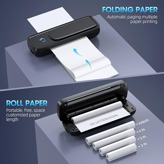 Portable Printer Wireless for Travel，Bluetooth Thermal Printer Support 8.5" X 11" US Letter &Legal, A4&A5 Thermal Paper, Inkless Compatible with iOS, Android & Laptop for Office Car Home
