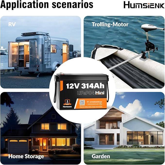 12V 314Ah LiFePO4 Lithium Battery Max. 4019Wh Energy, 15000+ Deep Cycles,100A BMS Lithium Iron Phosphate Rechargeable Battery Great for RV, Marine and Off Grid Applications, 4 PACK