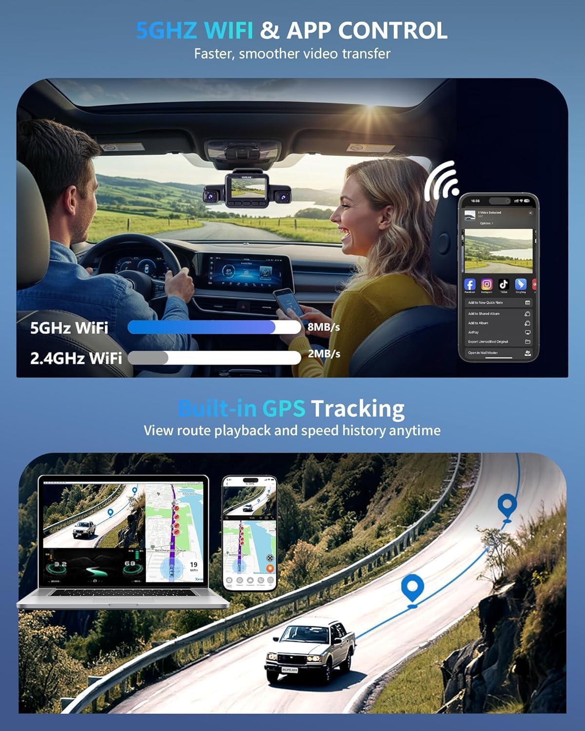 HUPEJOS AI 4K Dash Cam Front and Rear, 4 Channel 360° View Camera for Car