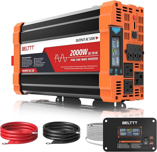 BELTTT 2000W Pure Sine Wave Inverter, Inverter 12V DC to 120V AC for Solar, RV, Truck, Outdoor, Power Inverter with Dual AC and 20A Socket, 5V 2.1A USB, Surge 4000W, Hardwire Port, Remote Controller