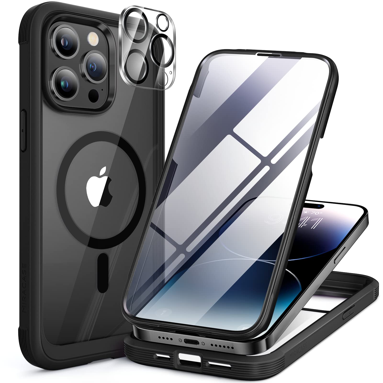 Miracase Magnetic for iPhone 14 Pro Case 6.1 inch, (Compatible with MagSafe) Upgrade Full-Body Clear Phone Bumper Case with Built-in 9H Tempered Glass Screen Protector, Black