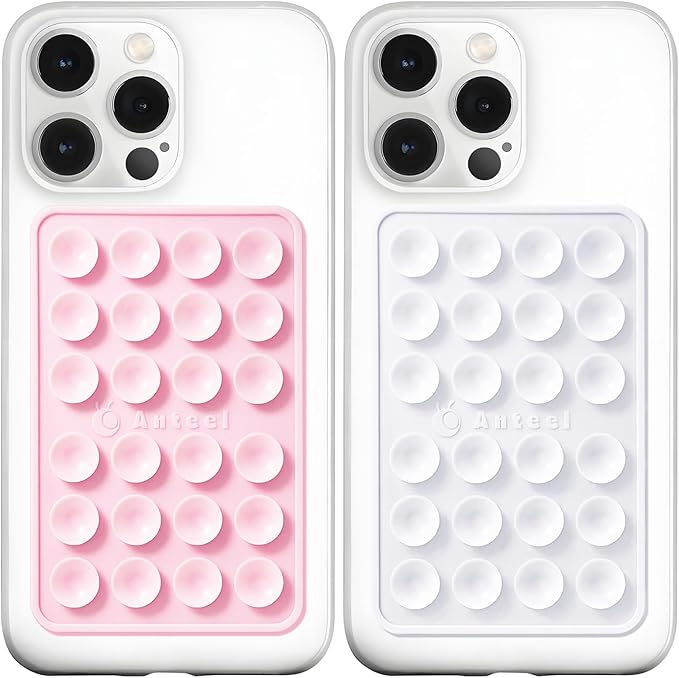 Anteel MAX Silicone Suction Phone Case Adhesive Mount, Upgraded Super Strong Grip, Durable, Easy to Use, Hands-Free Sticky Phone Holder for Selfies, Tiktok Videos, 2.56"x3.94" (LPK&WHT)