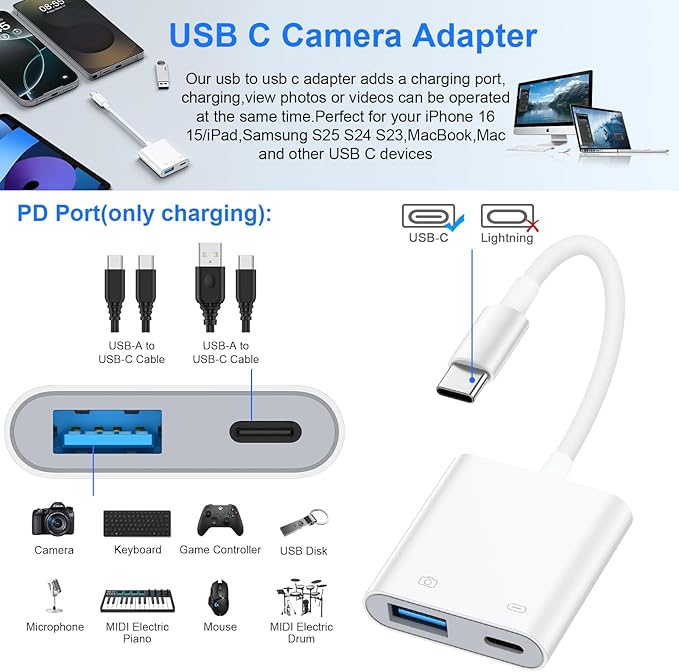 USB C to USB Camera Adapter with Charging Port for Samsung Galaxy A17 A16 5G A15 A54 A35 A56 S25 Ultra S24 FE, iPhone 16 15, USB 3.0 Female OTG Cable Adapter for Card Reader,Flash Drive,MIDI Keyboard