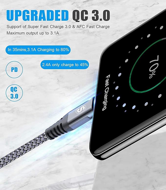 sweguard USB Type C Charger Cable [3-Pack,10ft+6.6ft+3.3ft] iPhone 15 Charger Nylon Braided Cord for iPhone 15 Pro Max Samsung Galaxy S23 S22 S21 S20 S10 S9 Note 20 10 Flip A53 A54 Pixel LG Moto PS5