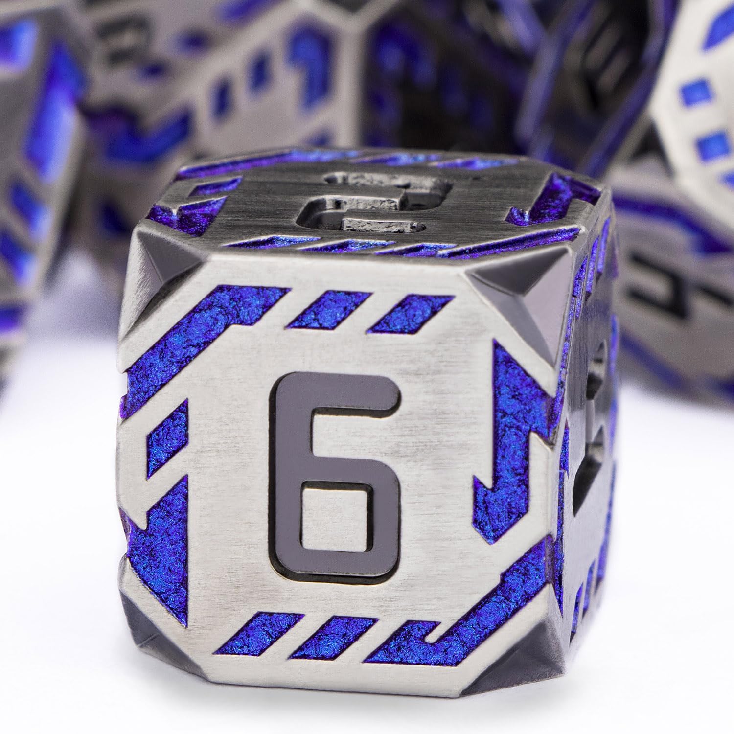 OGCOPHEN Metal DND Sci-fi Dice Set 7PCS Stripe Polyhedral Dice for Dungeons Dragons RPG Role Playing Game, Glitter D and D Dice with Gift Box D6 D8 D10 D12 D20 (Blue Purple&Grey)