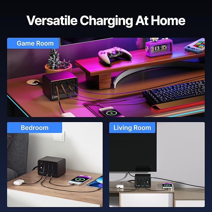 Gitryin 12-in-1 Desktop Charging Station with 3 Retractable Type-C Chargers and 1 Lightning Charger, 40W USB-C Power Strip with Flat Plug, Extension Cord with 1020J Surge Protection for Home Office