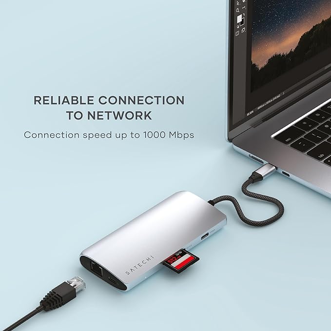 Satechi 8 in 1 USB C Hub Multiport Adapter V3, 8K HDMI, 100W Charging, 4 USB Data Ports, Ethernet, SD Card Reader, for Laptop, for Mac/Windows, MacBook Pro/Air M4/M3/M2/M1, iPad, iPhone 16 - Silver