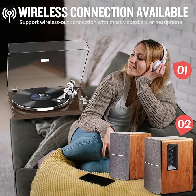 Turntable Record Player Wireless Output Vinyl Players Aluminium Platter and Tonearm Belt-Drive LP Turntables 33 45 RPM Phono Audio AT-3600L MM Cartridge RCA Line USB Digital to PC Recording Dark Brown