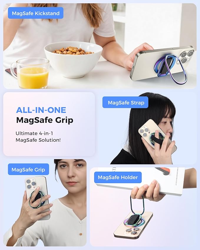 [2025 Upgraded] SUPERONE for MagSafe Phone Grip for MagSafe Kickstand Compatible with Mag Safe Finger Loop, 4-in-1 Phone Ring Holder Strap for iPhone 16/15/14/13/12 Series and Mag Safe Case - Colorful