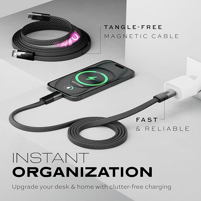 Statik MagStack USB to USB C Cable, Magnetic Anti Tangle Flat A to Type C Charger Fast Charging Cord, Magnetic Charging Cable, Compatible with iPhone 16 Pro Max, Galaxy S24 Ultra, 27W 6FT/2M, 3-Pack