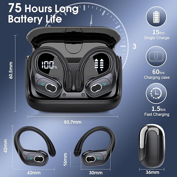 Wireless Earbuds 75hrs Bluetooth 5.4 Headphone Sport, 2025 Bluetooth Earbuds Stereo Deep Bass Over Ear Bud with Earhooks, ENC Noise Cancelling Mic, IPX7 Waterproof Earphone for Workout/Running