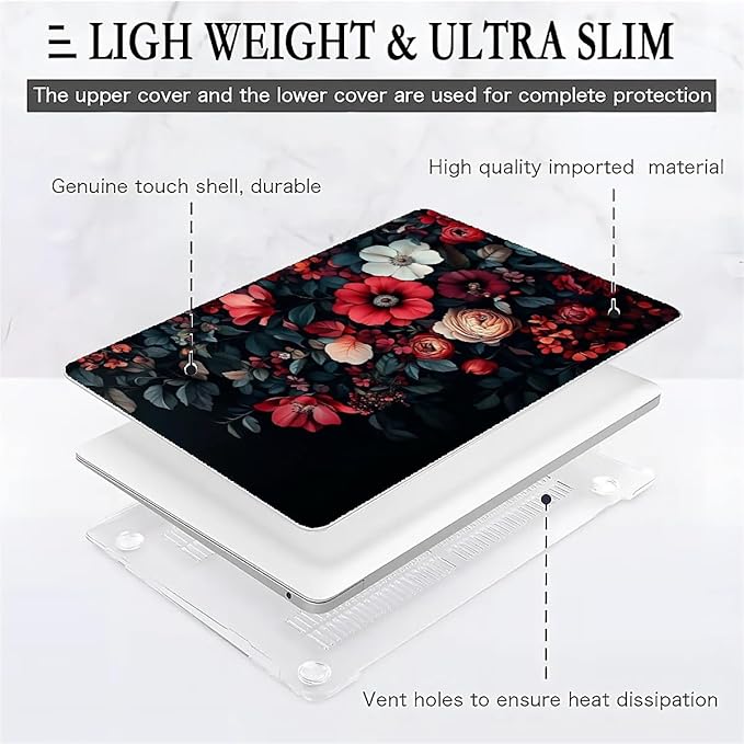 Compatible with MacBook Air 13.3 13.6 Inch Case 2022 2021 2020 2019 Plastic Hard Shell Case Cover,13.6 Air (A2681) M2 2022, Dark Floral