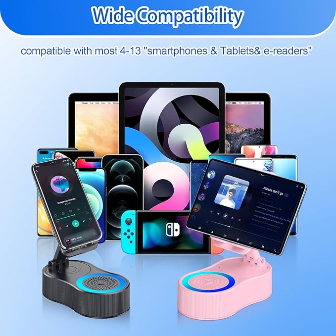 Gifts for Men Women,Cell Phone Stand with Wireless Bluetooth Speaker,Colorful Ambient Light 360° Foldable for Tablet iPhone Android 2 Wireless Microphones HD Surround Sound (Black)