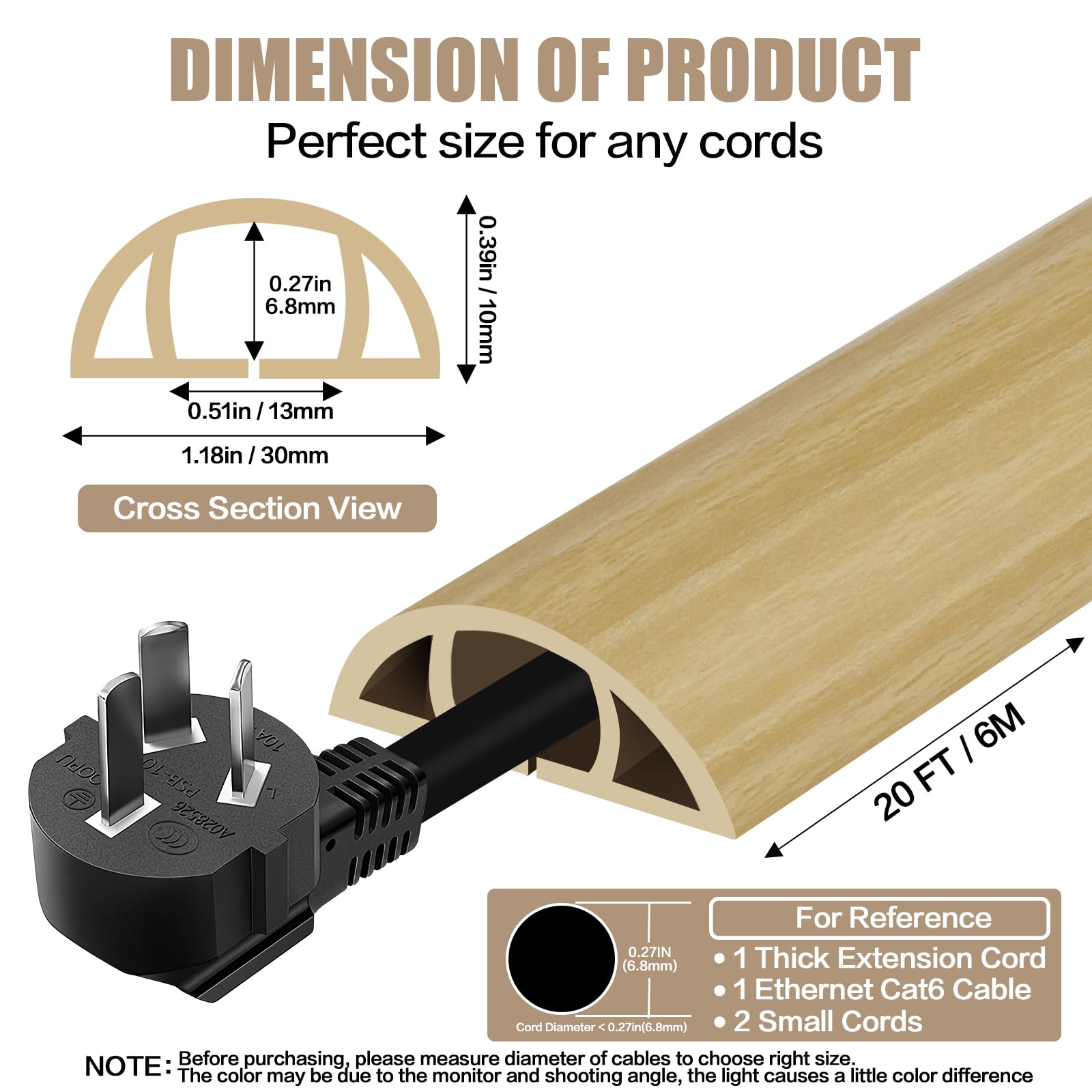 Floor Cord Cover Self Adhesive Cord Hider,20FT Cable Management, Extension Strip Protector for Wires, Prevent Cable Trips for Offices, Gyms, Exhibitions Cavity:0.39"(W) x 0.27"(H) WoodLightyellow
