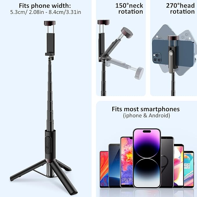 Selfie Stick Aluminum Alloy Selfie Stick Tripod with Remote Foldable Travel Tripod Stand 270 Rotation Compatible with iPhone/Android/Go Pro Camera