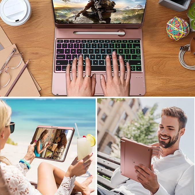 Keyboard Case for iPad Pro 12.9 inch 6th Generation 2022 5th 2021/4th 2020/3rd 2018 Gen,360 Rotatable Wireless Folio 180 Swivel Stand Hard Cover Rose Gold