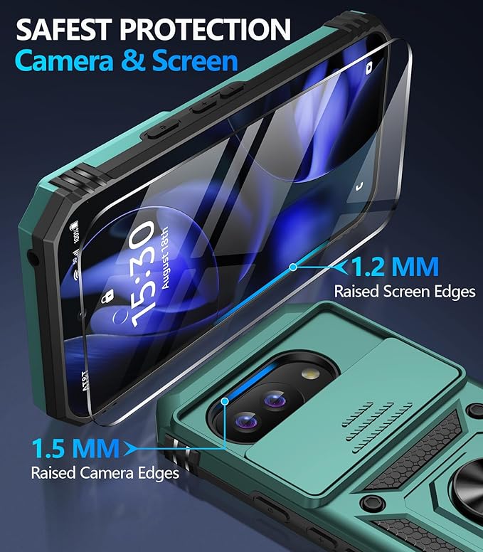 Taisairu for Google Pixel 9A Case with Screen Protector & Slide Camera Lens Cover,Built-in 360°Rotate Magnetic Ring Stand Shockproof Protective Phone Case for Google Pixel 9A Case (Green)