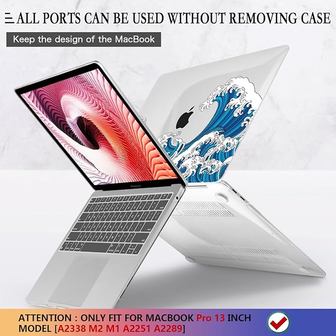 CISSOOK Wave Case for MacBook Pro 13 inch Case 2025-2020 Release, Ocean Hard Shell Cover for MacBook Pro 13 with Touch Bar M2 Chip A2338 M1 A2251 A2289 with Keyboard Cover +Screen Protector