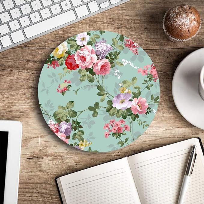 Mouse Pad, Mint Floral Teal Mouse Pad, Washable Round Mousepad with Lycra Cloth, Non-Slip Rubber Base Small Wireless Mouse Pads for Office Laptop