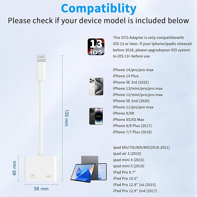 [Apple MFi Certified] Lightning to USB Camera Adapter for iPhone, iPad to USB 3.0 Female OTG Adapter with Charging Port, Plug and Play, Support Card Reader, USB Flash Drives, Keyboard