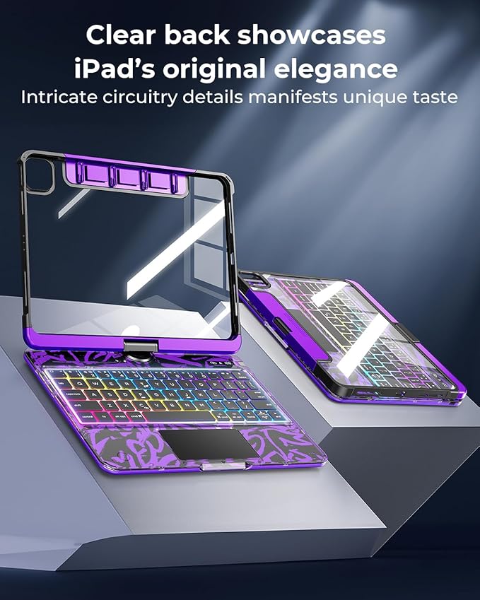 SIEBITU Clear Wireless Keyboard Case for iPad Air 13-inch (M3 2025/M2 2024) & iPad Pro 12.9-inch 6th 5th 4th 3rd Gen with Pencil Holder, Multi-Touch Trackpad & 7-Color Backlit, 360°Rotating, Purple