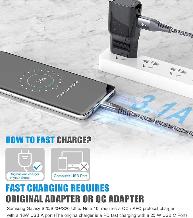 sweguard USB C Cable 3.1A Fast Charging [3Pack,10ft+6.6ft+6.6ft], USB-A to USB-C Charger Nylon Braided Cord for Samsung Galaxy S21 S20 S10 S9 S8 Plus/FE Note 20 10 9 8 7, A71 A51 A32,LG,Moto,PS5