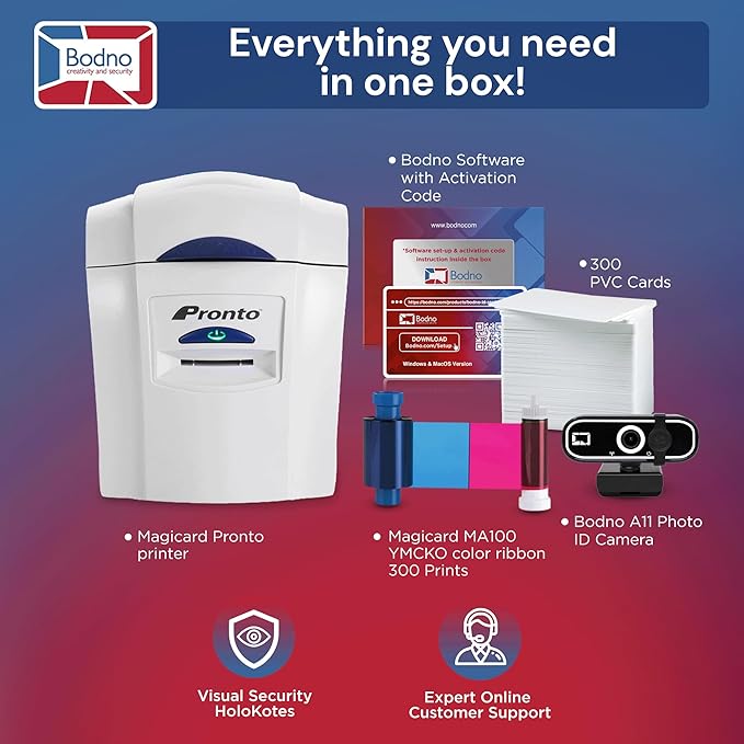 Magicard Pronto ID Card Printer & Super Supplies Package with Bodno ID Software, Camera, 300 Cards and 300 Print Ribbon - Bronze Edition