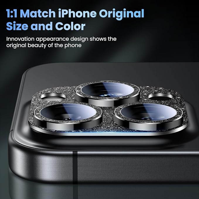 Uyiton Compatible with iPhone 16 Pro/iPhone 16 Pro Max Camera Lens Protector - [Not Easy to Break][Strong Adsorption][Case-Friendly] Metal Tempered Glass Rear Camera Screen Cover - Glitter Black