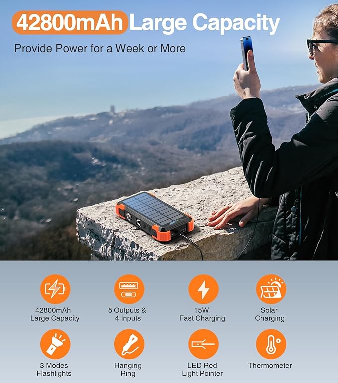 Solar Charger Power Bank, 42,800mAh Wireless Portable Charger with USB-C in/Output, QC3.0 Fast Charging 15W 4 Ports Outdoor Battery Pack Built-in LED Flashlight, for iPhone, Galaxy, iPad etc