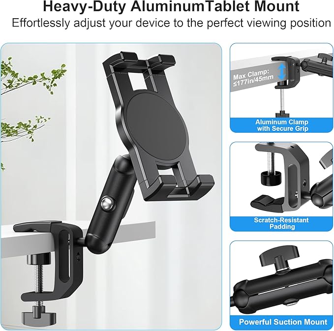 iPad Under Cabinet Mount, Kitchen Tablet Mount Holder, iPad Desk Mount w/Clamp, Aluminum Base&Metal Arm, 360° Rotation, Compatible with 4.7"-12.9" iPad Pro/Air/Mini/Kindles/Galaxy Tab/Phones