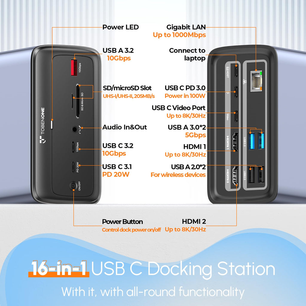 TobenONE Docking Station 3 Monitors, Triple Monitor Docking Station with Single 8K USB-C Video, Dual 4K HDMI, 10Gbps USB A/C, PD 3.0, 100W Power Supply, USB C Dock for Windows/ChromeOS, Dell, HP, ASUS